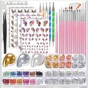 Nail Art Kit with Brushes and Rhinestones chrome powder design tools stickers